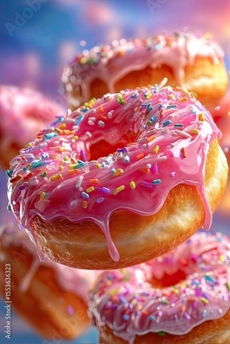 flying donuts, mix of colorful sweet donuts on white background