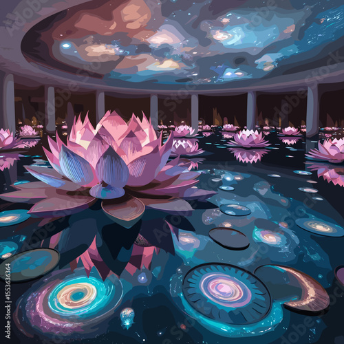 Majestic lotus flowers floating in a cosmic waterland under a starry sky