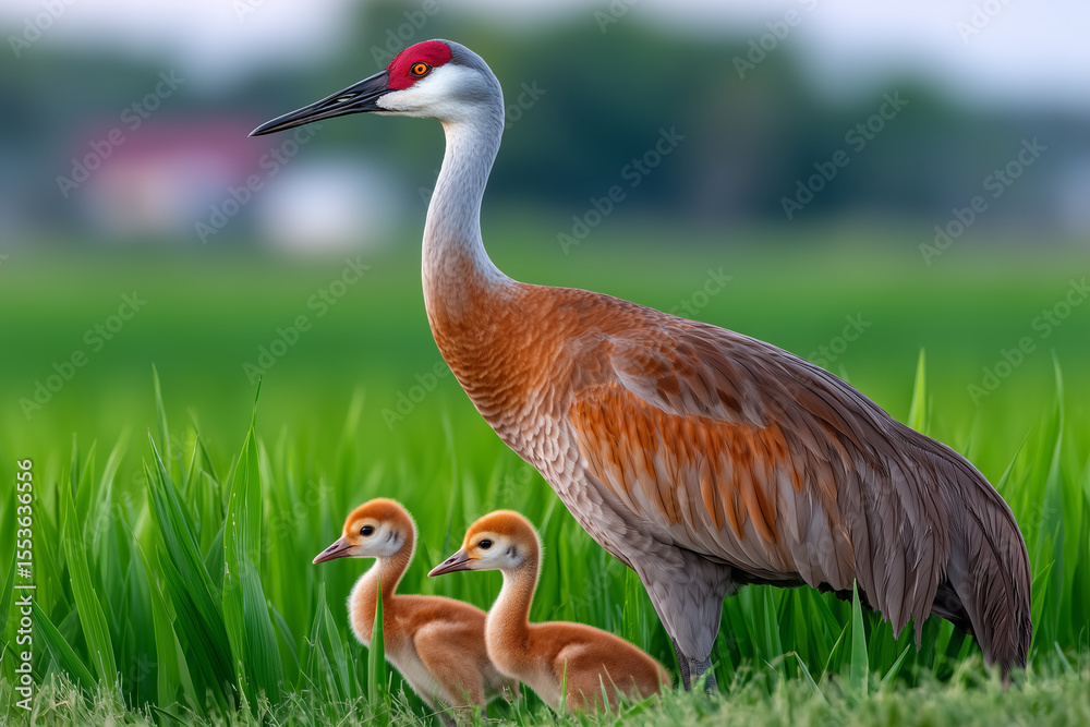 Obraz premium Sandhill Crane With Two Chick Standing In Tall Green Grass With Soft Background In Natural Habitat
