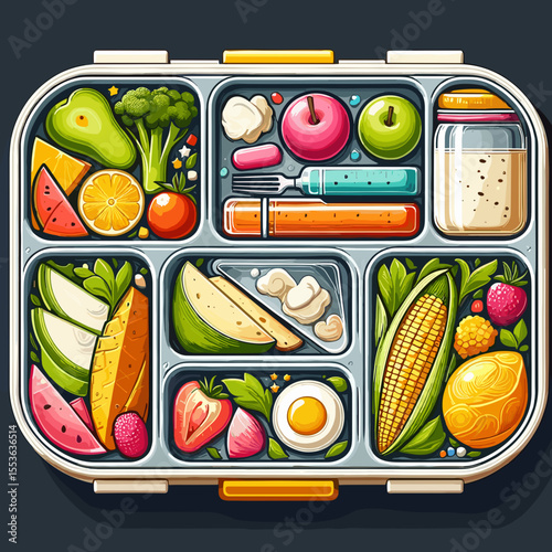 Colorful lunch box filled with fresh fruits, vegetables, and healthy snacks in a neat arrangement
