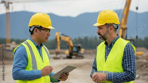 Two construction engineers in safety vests and hard hats discuss plans on a construction site