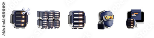 Server Maintenance, VPN Shield, and Hosting Dashboard Elements in 3D Server Icon Set