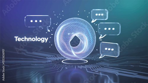 Digital Dialogue: A futuristic composition showcasing an interactive digital orb communicating with speech bubbles, surrounded by intricate circuitry patterns and the word 'Technology'.
