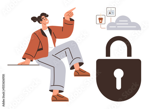 Woman gestures towards cloud storage and ID card icons beside a large padlock, emphasizing secure data accessibility. Ideal for technology, privacy, cybersecurity, cloud computing, online identity