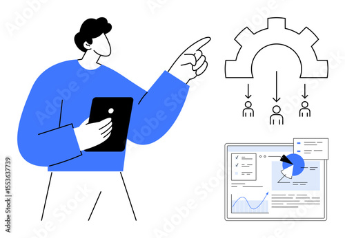 Man analyzing data charts on a digital screen, pointing at workflow mechanism. Ideal for teamwork, data management, process optimization, strategy planning, user engagement, technology, simple