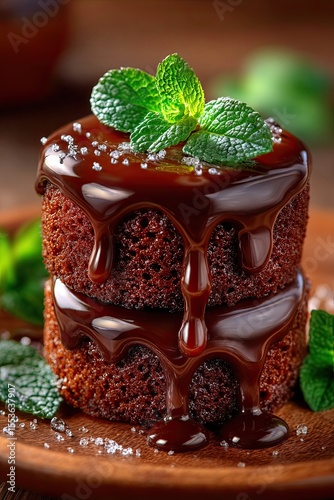 Stack of chocolate cakes on wooden back