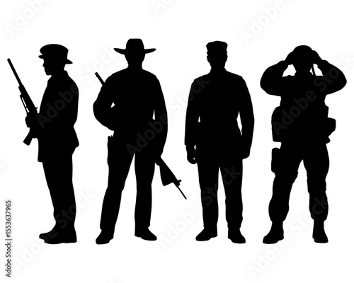 Silhouettes of four armed men standing