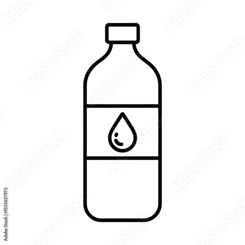 Simple line art icon of a plastic bottle with a label showing a water drop