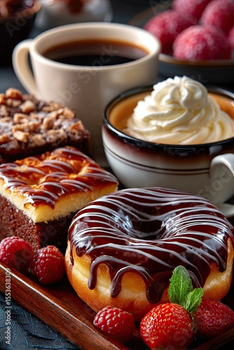 Table with various cookies, donuts, cakes and cups of coffee on dark background
