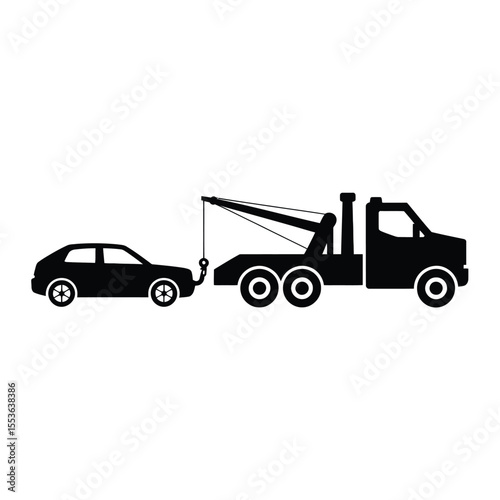 Black silhouette of a tow truck towing a car on a white background