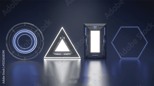 Geometric Lights: Four futuristic geometric shapes, illuminated with neon lights, creating a modern and technologically advanced visual.