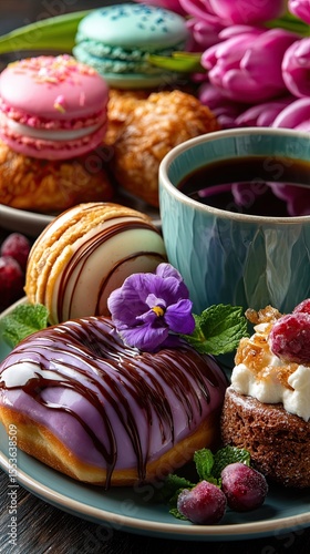 Table with various cookies, donuts, cakes and cups of coffee on dark background
