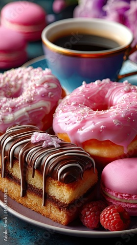 Table with various cookies, donuts, cakes and cups of coffee on dark background