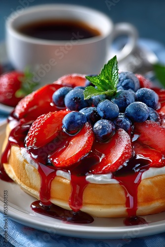 Waffle with strawberry and blueberry sauce served on a plate and on a white background. Close-up, copy space.
