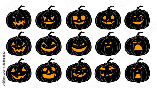 A collection of fifteen distinct halloween carved pumpkins with glowing orange faces and stems isolated on transparent background