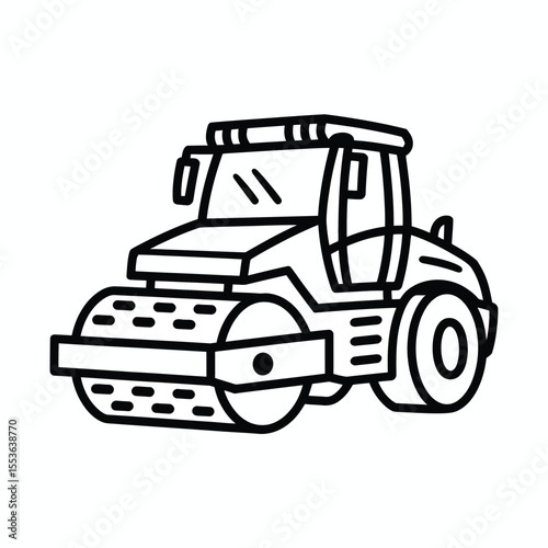 Simple black and white line art illustration of a road roller construction vehicle