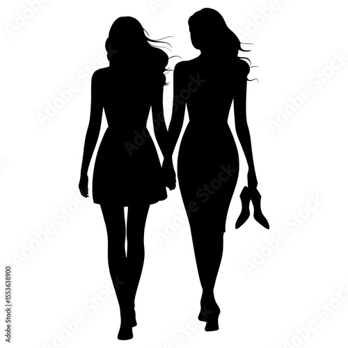 Two women walking silhouette holding hands