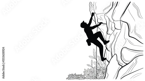 Silhouette of a person rock climbing up a steep cliff face with plants below