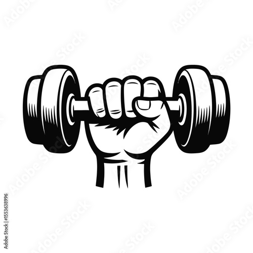Strong fist holding a dumbbell in a black and white graphic style