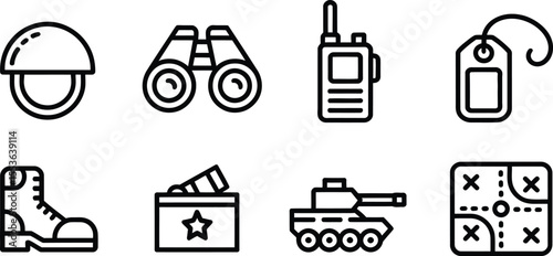 Vector Icon Set for Military Equipment, Includes Helmet, Tank, and Radio Icons