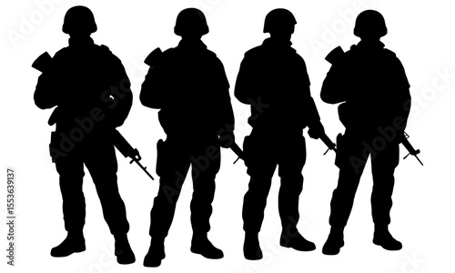 Silhouette of four armed military men team