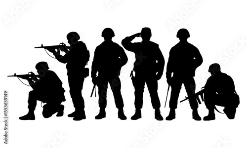 Silhouettes of soldiers in various poses