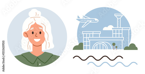 Smiling woman alongside airplane, airport, and wave graphics suggesting travel or vacation. Ideal for tourism, travel agency, exploration, adventure, relocation holiday global connection. Simple