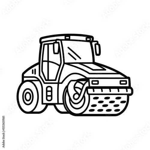 Black and white line art illustration of a road roller construction vehicle