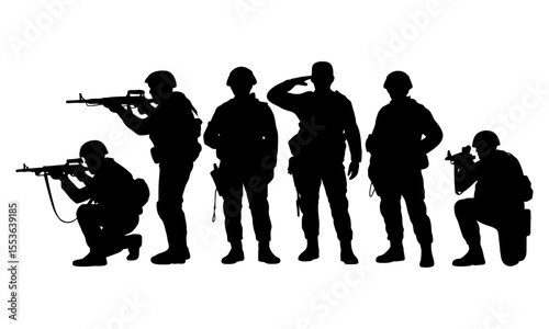 Silhouettes of soldiers in various poses