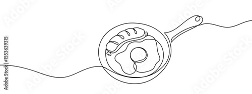 Continuous line, fried eggs and sausage in a pan, cooking Minimal hand drawn line vector cut out background editable stroke.