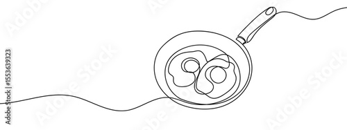 Continuous line Two fried eggs in a pan Cooking Minimal hand drawn line vector cut out background editable stroke.