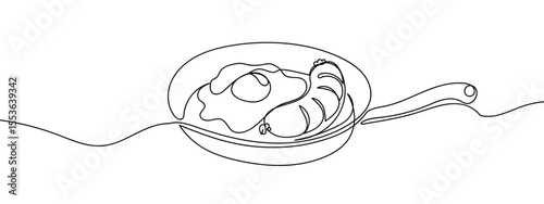 Continuous line, fried eggs and sausage in a pan, cooking Minimal hand drawn line vector cut out background editable stroke.