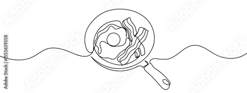Continuous line, fried eggs and bacon in a pan, cooking Minimal hand drawn line vector cut out background editable stroke.