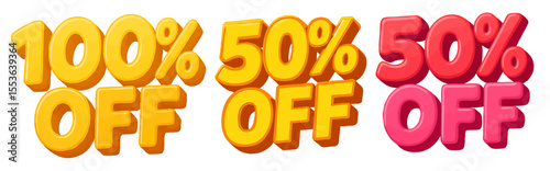 Colorful 3D Discount Text Set Featuring 100% Off and 50% Off in Yellow, Orange, and Pink Styles

