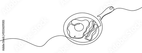 Continuous line, fried eggs and bacon in a pan, cooking Minimal hand drawn line vector cut out background editable stroke.