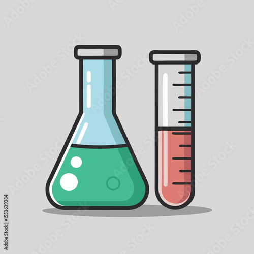 Create a vector image of a test tube and a conical flask side by side. Use a minimalist line art style with a light gray background, showing a liquid level in the flask and measurement lines on the te