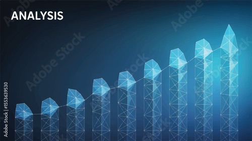 **Growth Chart Analysis** An artistic visualization of an upward trending growth chart, composed of interconnected luminous geometric shapes, symbolizes progress, analysis.