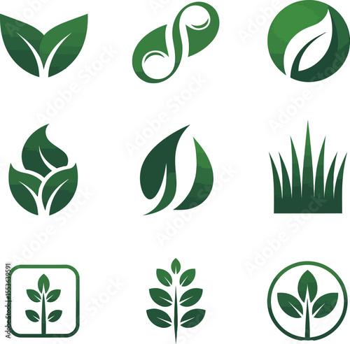 Green eco icon set of natural leaf and plant design elements