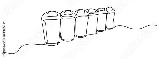 Continuous line, many trash cans lined up Minimal hand drawn line vector cut out background editable stroke.