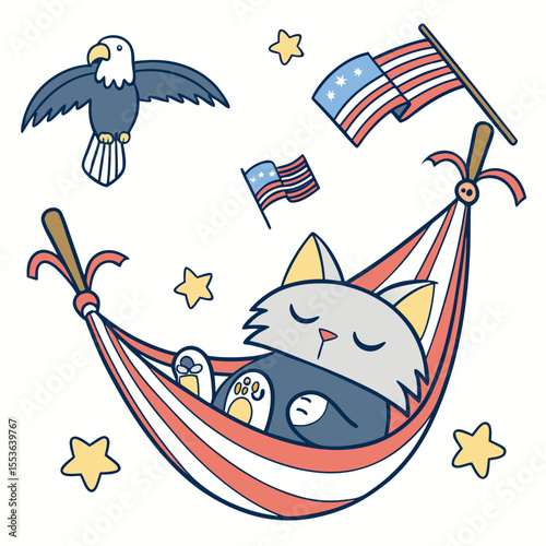 Founding Spirit colored Kawaii Cat with a Peaceful touch, placed in a Presidents’ Day theme and styled with in a hammock