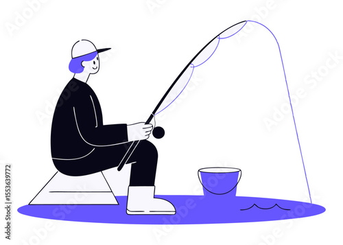 A Serene Vector Illustration of a Man Fishing on a Lake, an Outdoorsman Casting a Line in Nature for Leisure and Sport