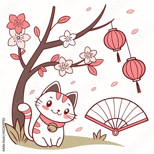 Creative SVG: Mischievous Kawaii Cat with with a giant leaf in a Sakura Breeze colored Cherry Blossom Festival theme