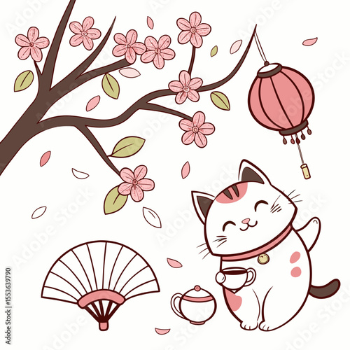 Creative SVG: Mischievous Kawaii Cat with with a giant leaf in a Sakura Breeze colored Cherry Blossom Festival theme
