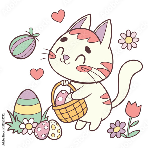 Amused expression on a Kawaii Cat in a Easter theme, with holding a heart – Spring Bloom vector art
