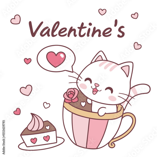 A Happy Kawaii Cat with in a teacup in a Valentine theme – Valentine Blush palette SVG illustration