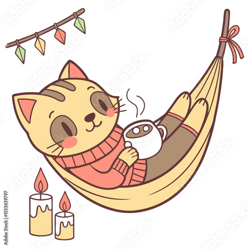 Whimsical Kawaii Cat feeling Mischievous in a Christmas setting with in a hammock – colored in Warm Cozy