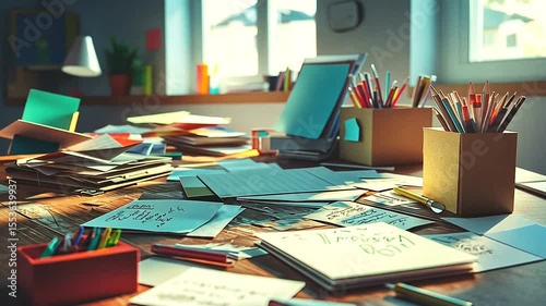 A vibrant workspace filled with colorful stationery, papers, and creative tools, showcasing an artistic atmosphere