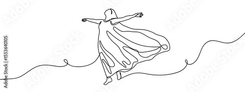 Continuous line. Woman standing with arms spread happily. Freedom concept. Minimal hand drawn line vector cut out background editable stroke.