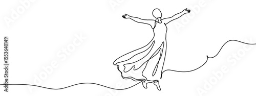 Continuous line. Woman standing with arms spread happily. Freedom concept. Minimal hand drawn line vector cut out background editable stroke.