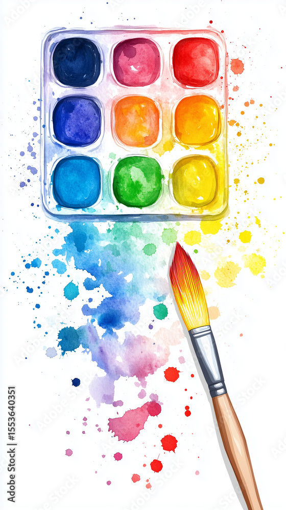 Fototapeta premium Back to school card with watercolor paints and brush on white background